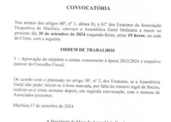 Assembleia Geral Ordinária a reunir no próximo dia 30 de setembro de 2024